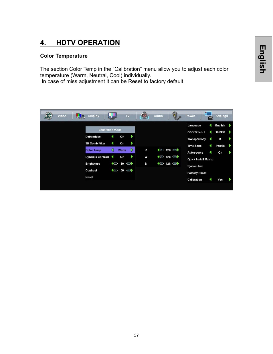English, Hdtv operation | Westinghouse TVHD 1080P TX-47F430S User Manual | Page 38 / 47