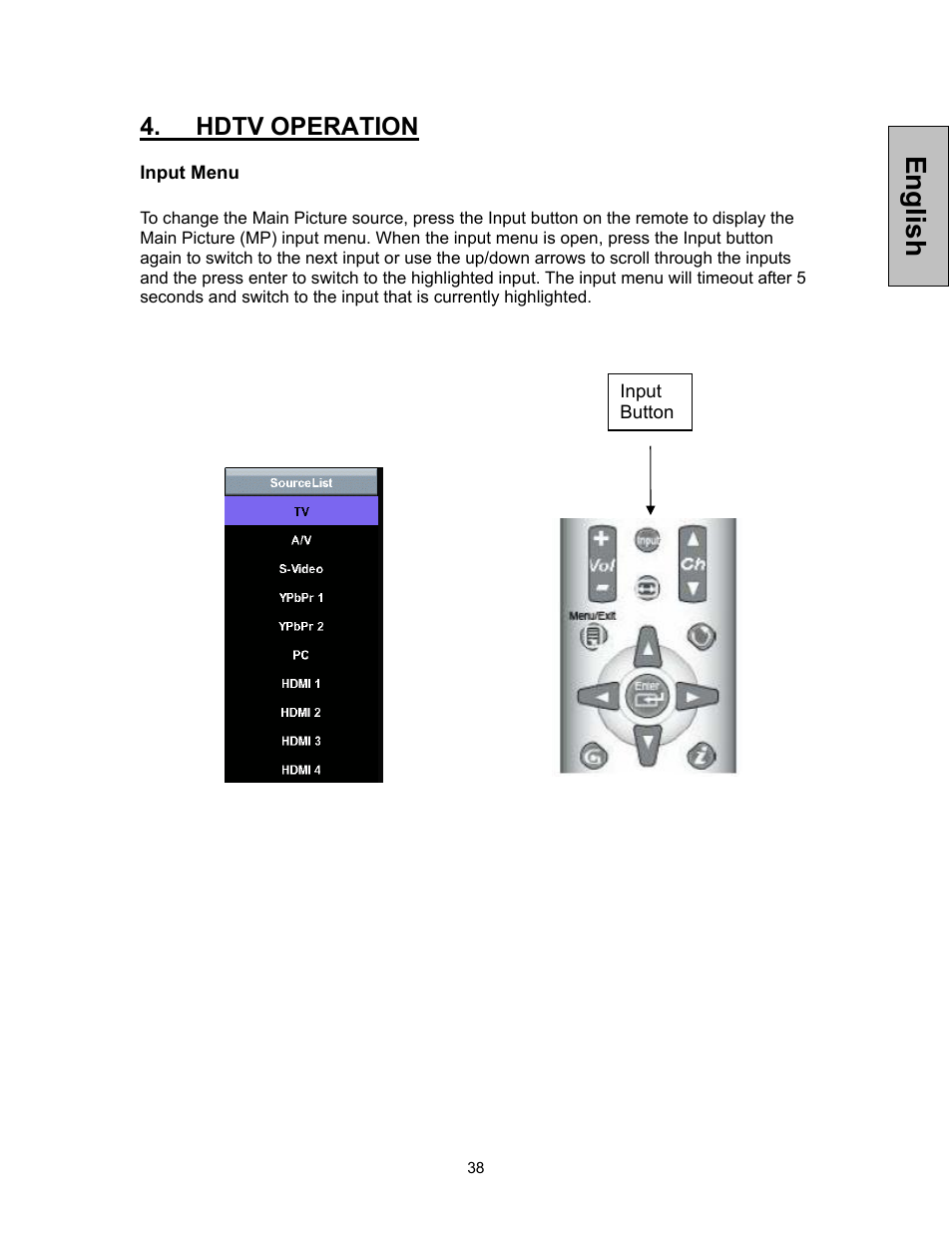 English, Hdtv operation | Westinghouse TVHD 1080P TX-47F430S User Manual | Page 39 / 47