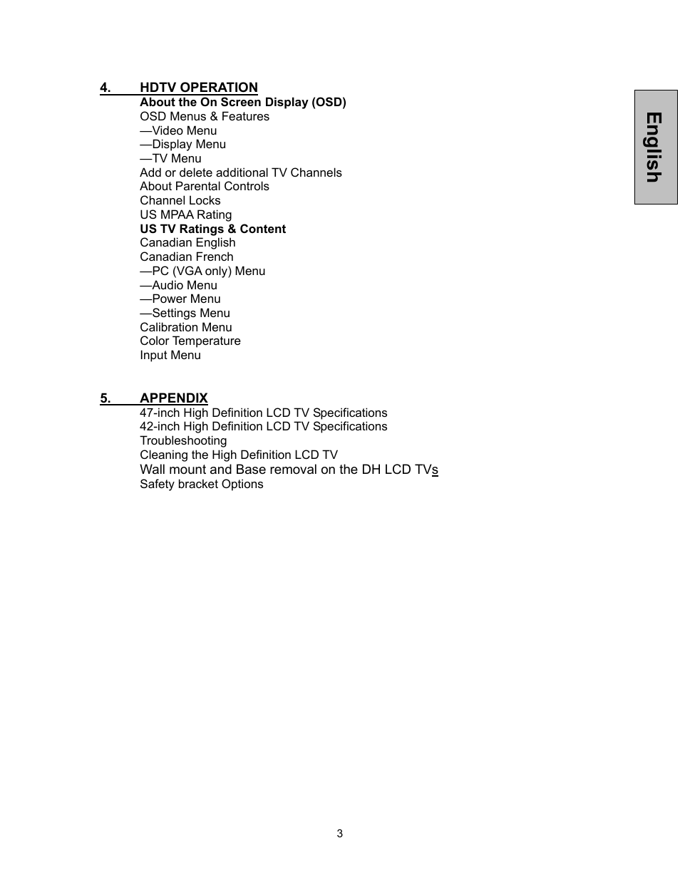 English | Westinghouse TVHD 1080P TX-47F430S User Manual | Page 4 / 47