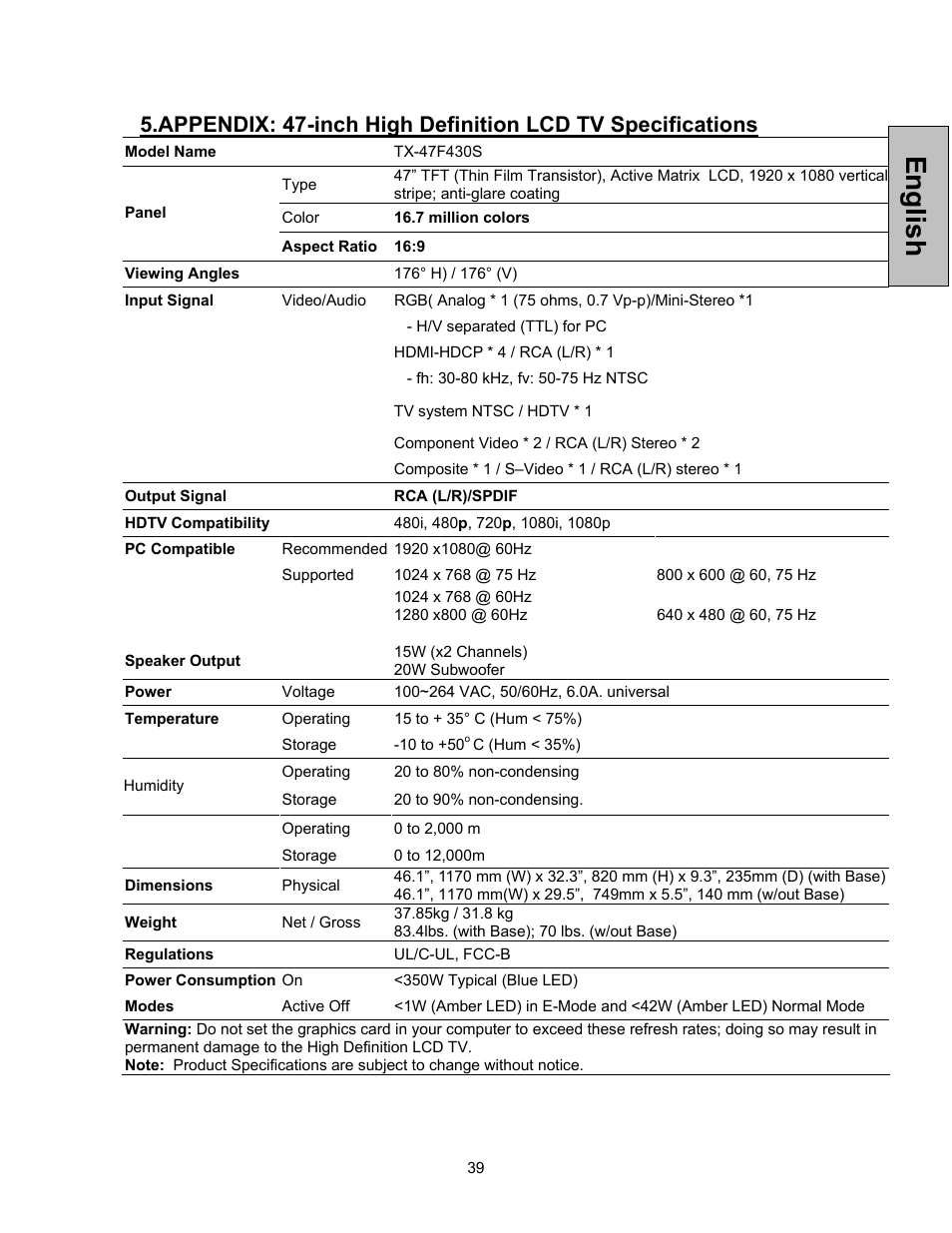 English | Westinghouse TVHD 1080P TX-47F430S User Manual | Page 40 / 47