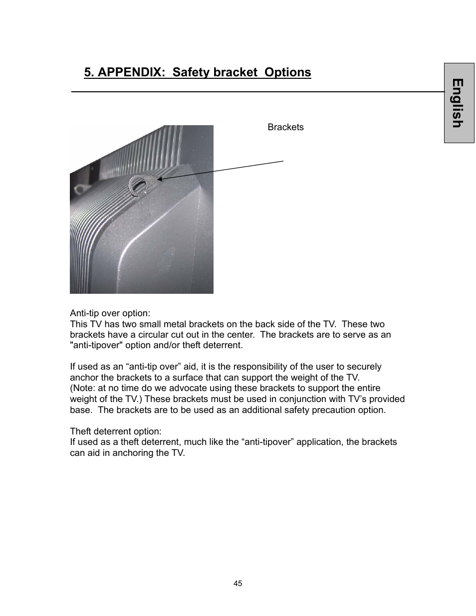 English, Appendix: safety bracket options | Westinghouse TVHD 1080P TX-47F430S User Manual | Page 46 / 47