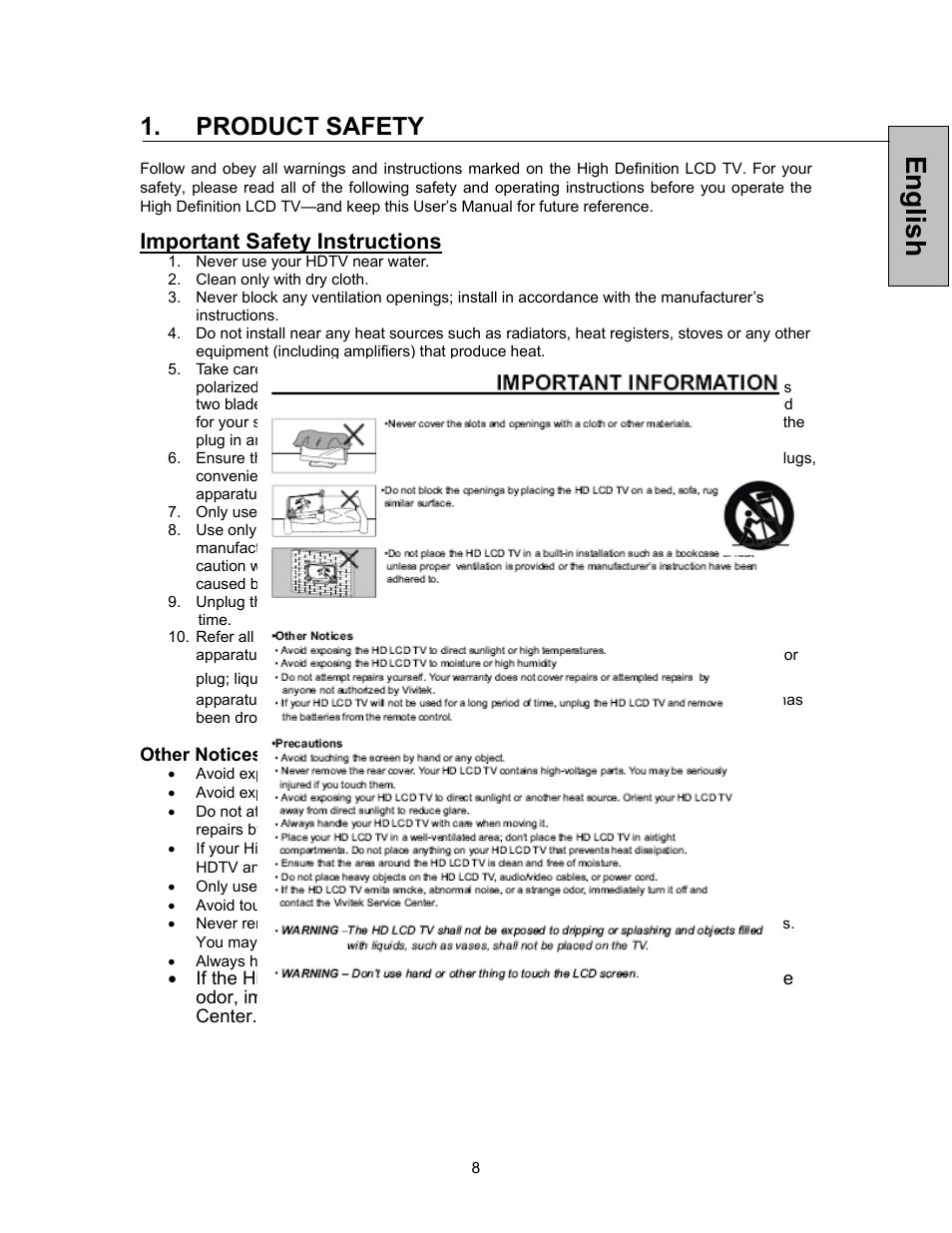 English, Product safety, Important safety instructions | Westinghouse TVHD 1080P TX-47F430S User Manual | Page 9 / 47