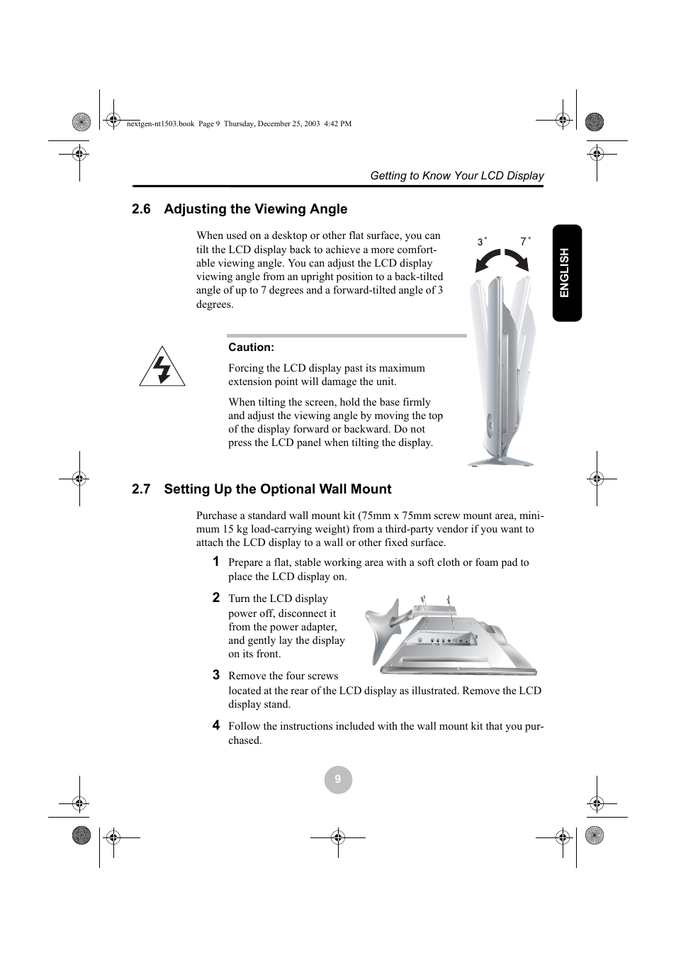 6 adjusting the viewing angle, 7 setting up the optional wall mount | Westinghouse W31501 User Manual | Page 14 / 31