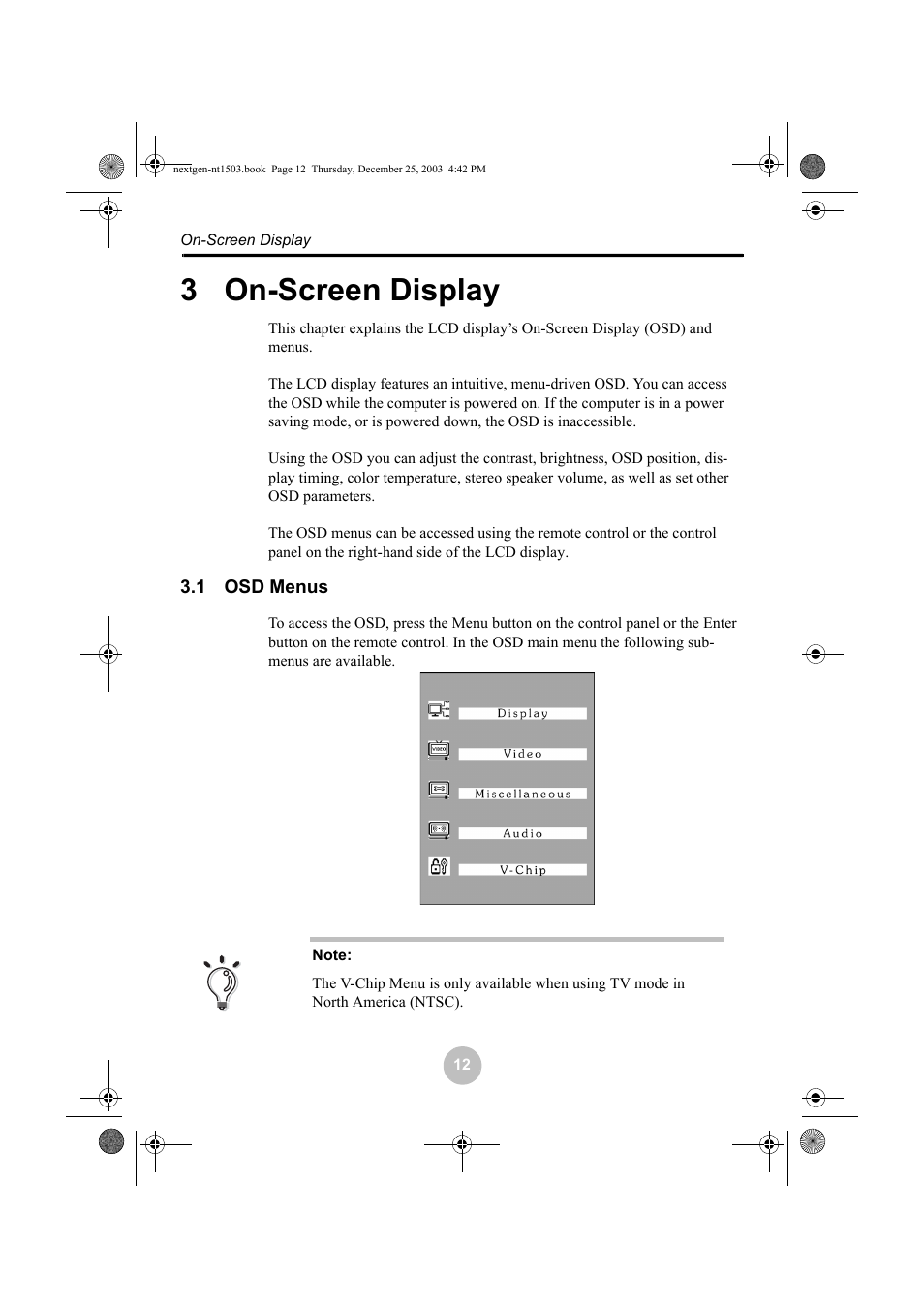 3 on-screen display, 1 osd menus, On-screen display | Osd menus | Westinghouse W31501 User Manual | Page 17 / 31