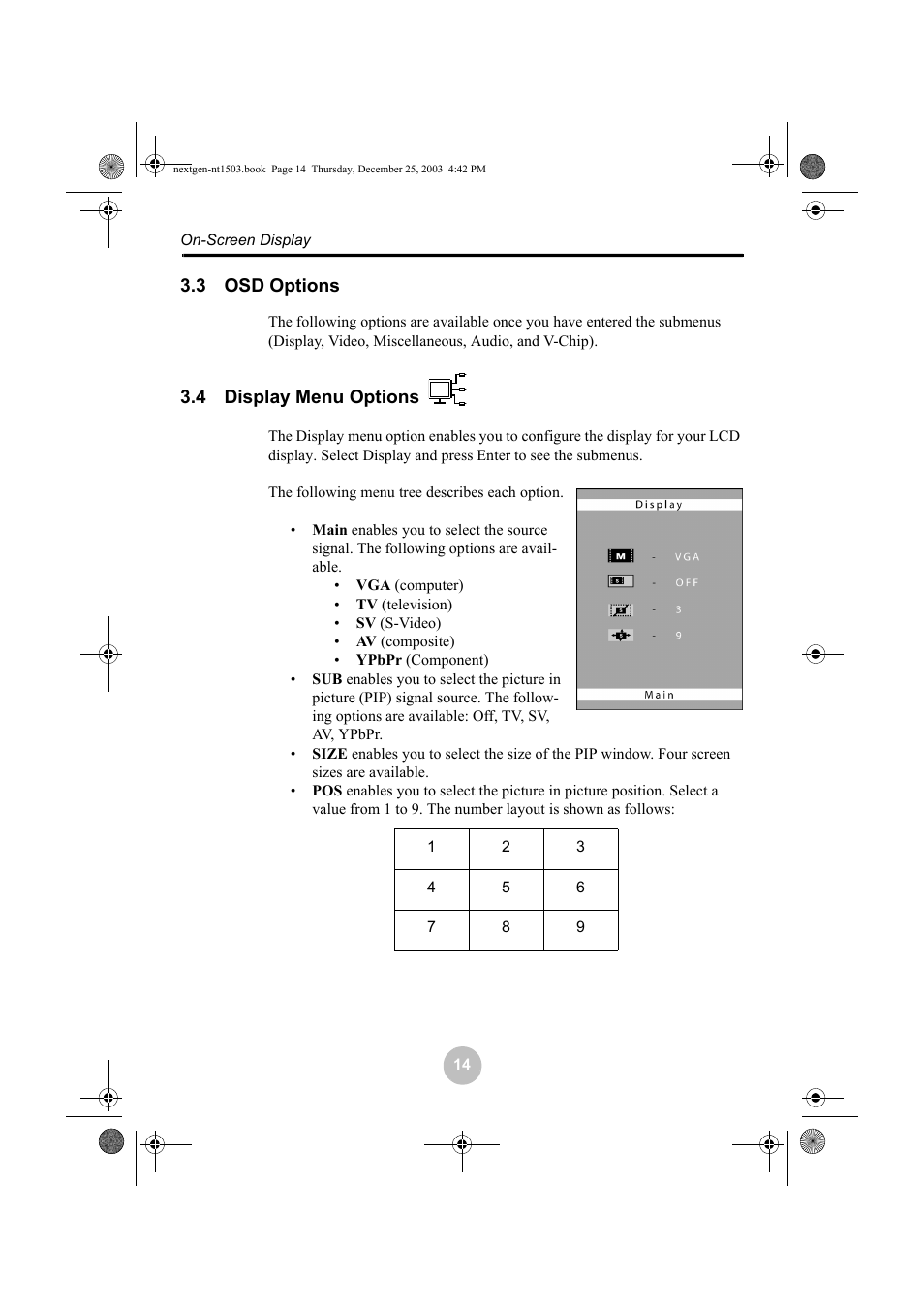 3 osd options, 4 display menu options, Osd options display menu options | Westinghouse W31501 User Manual | Page 19 / 31