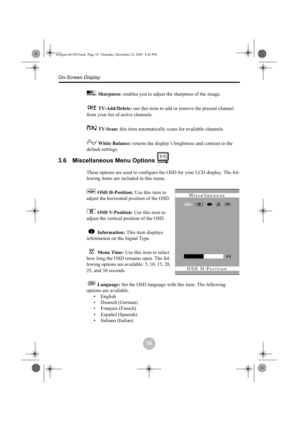 6 miscellaneous menu options, Miscellaneous menu options | Westinghouse W31501 User Manual | Page 23 / 31