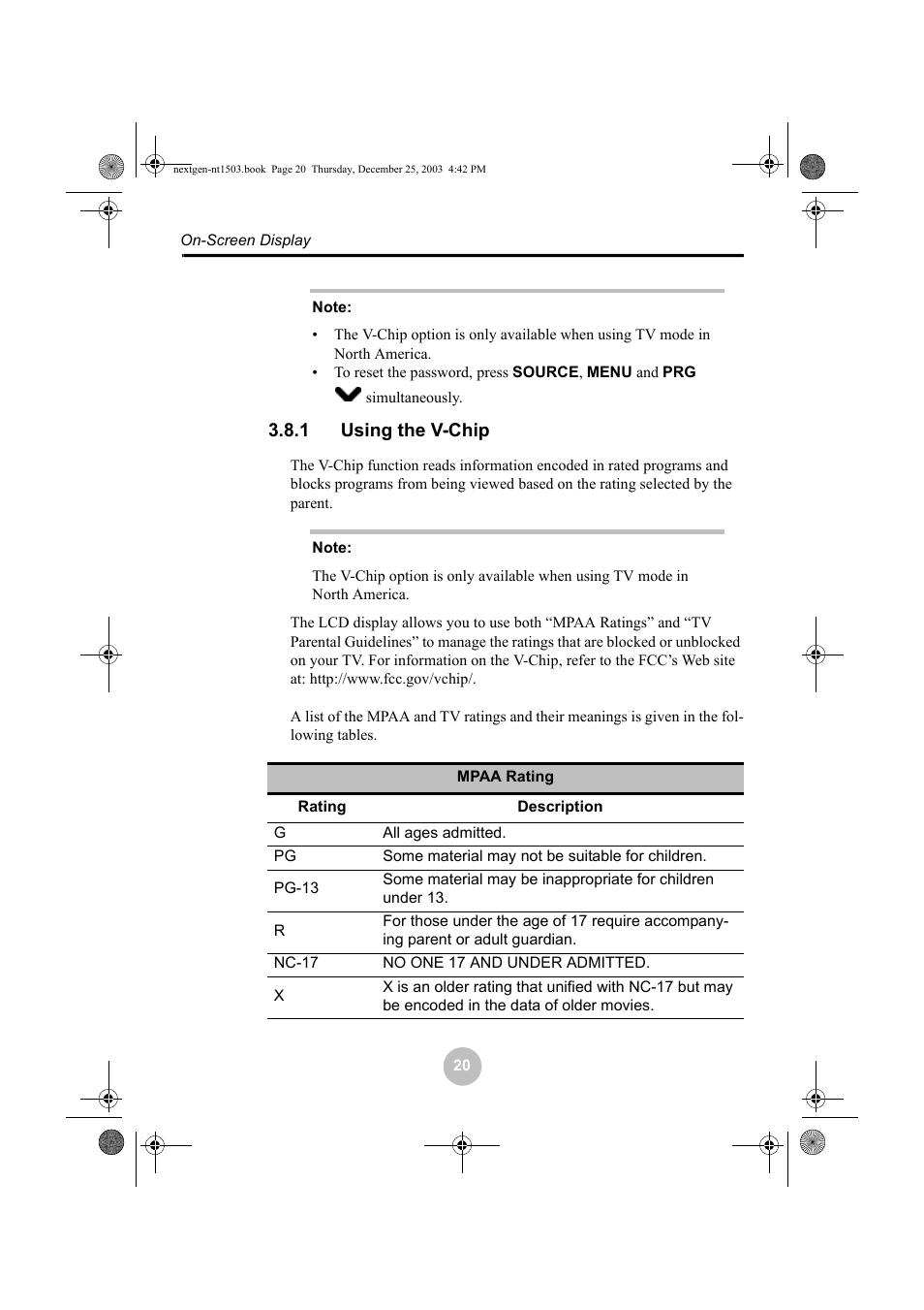 1 using the v-chip, Using the v-chip | Westinghouse W31501 User Manual | Page 25 / 31