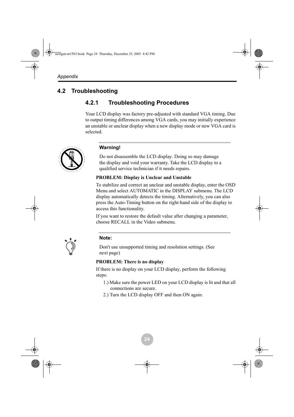 2 troubleshooting, 1 troubleshooting procedures, Troubleshooting | Troubleshooting procedures, 2 troubleshooting 4.2.1 troubleshooting procedures | Westinghouse W31501 User Manual | Page 29 / 31