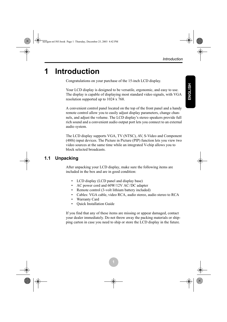 1 introduction, 1 unpacking, Introduction | Unpacking | Westinghouse W31501 User Manual | Page 6 / 31