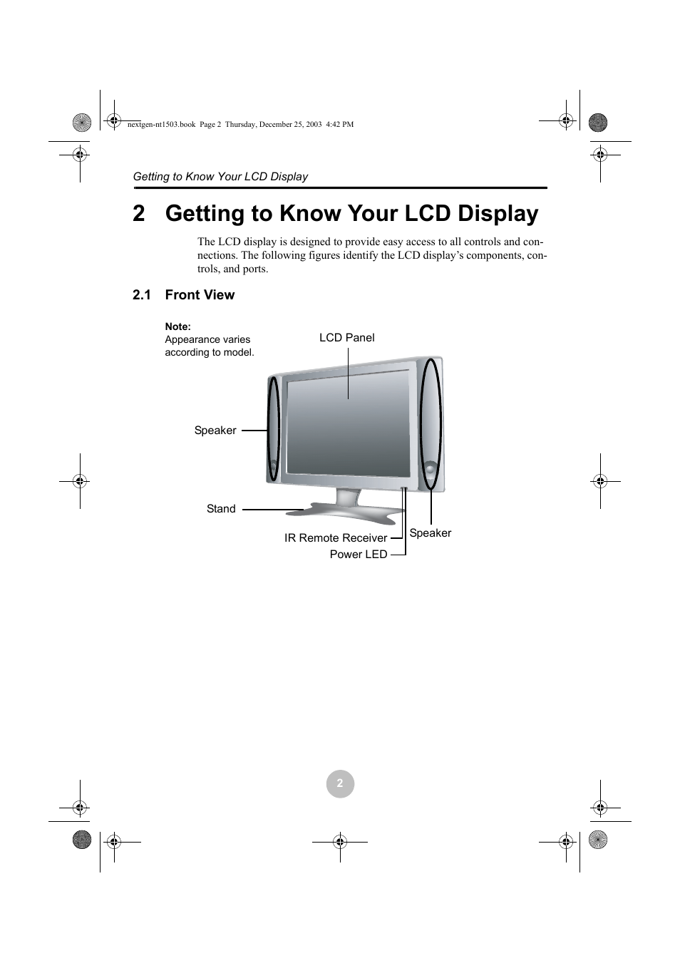 2 getting to know your lcd display, 1 front view, Getting to know your lcd display | Front view | Westinghouse W31501 User Manual | Page 7 / 31