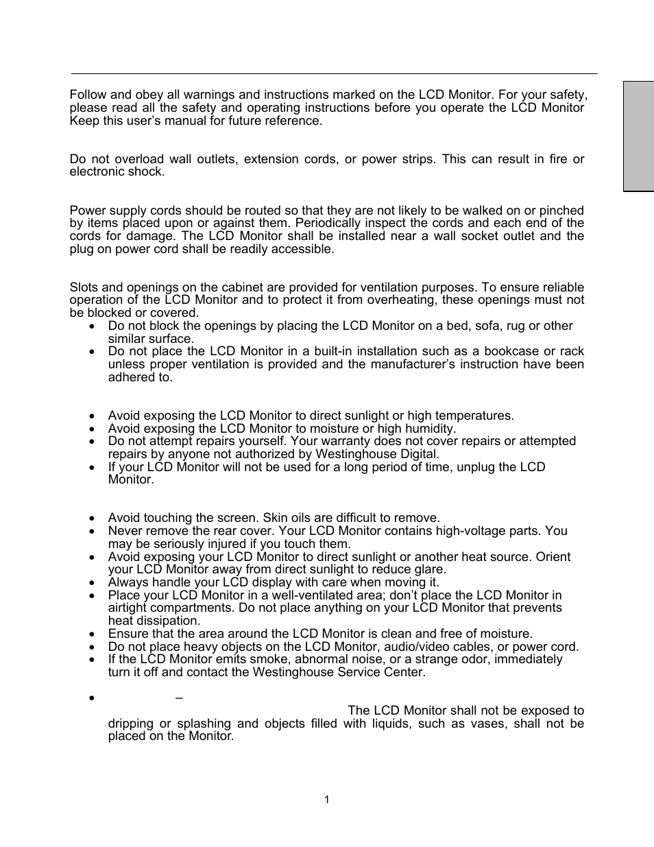 Important product safety instructions, English | Westinghouse LCM-17V8 User Manual | Page 3 / 24