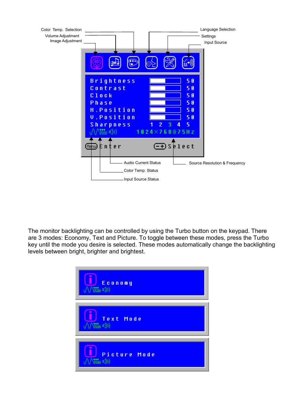 Backlight control, Display modes, Isplay | Odes | Westinghouse LCM-15V5 User Manual | Page 10 / 15