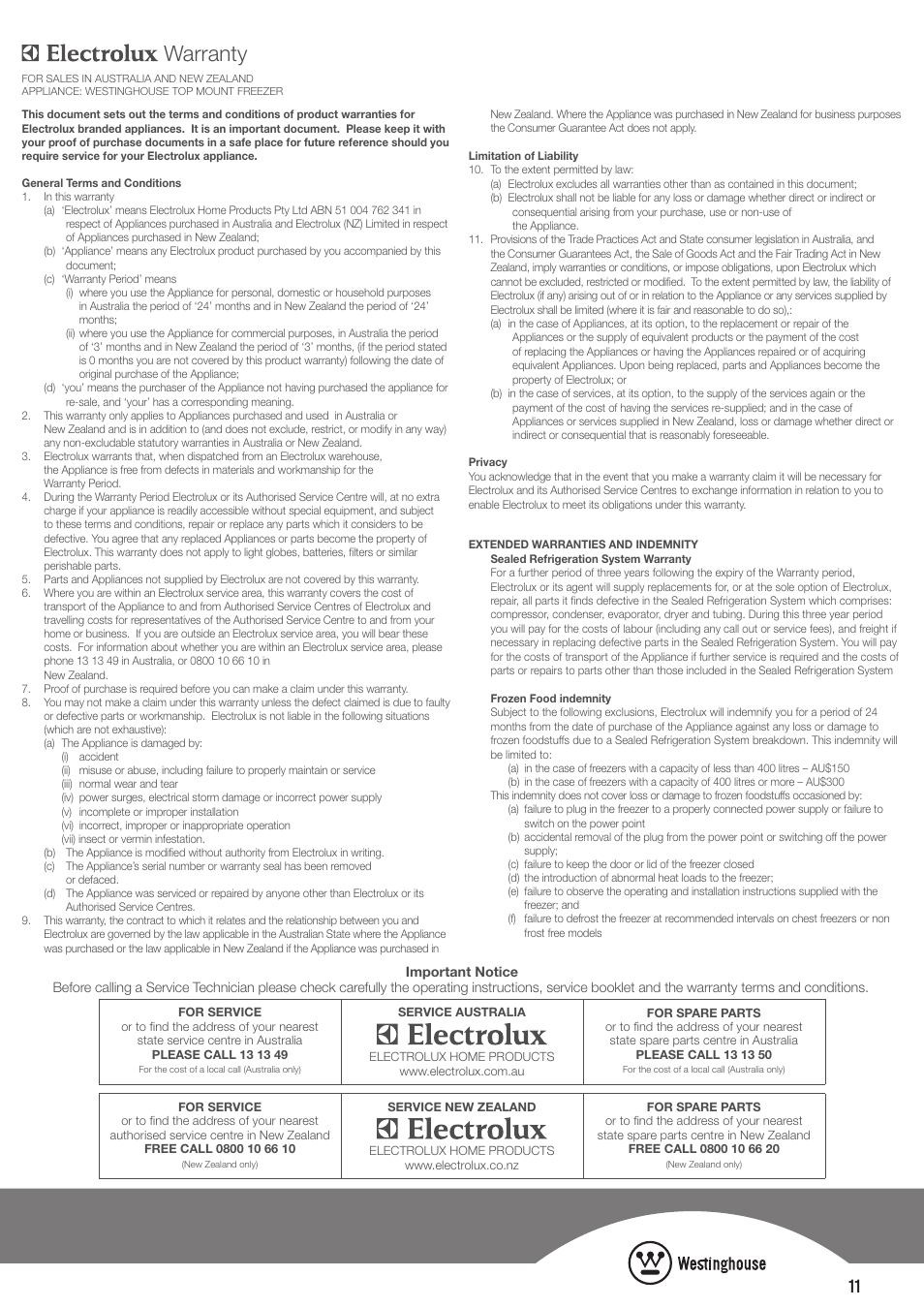 Warranty | Westinghouse WTB2300PA User Manual | Page 11 / 12