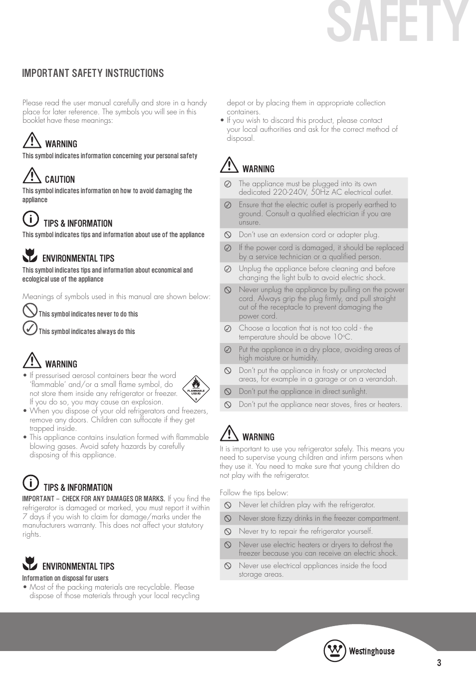Safety, Important safety instructions | Westinghouse WTB2300PA User Manual | Page 3 / 12