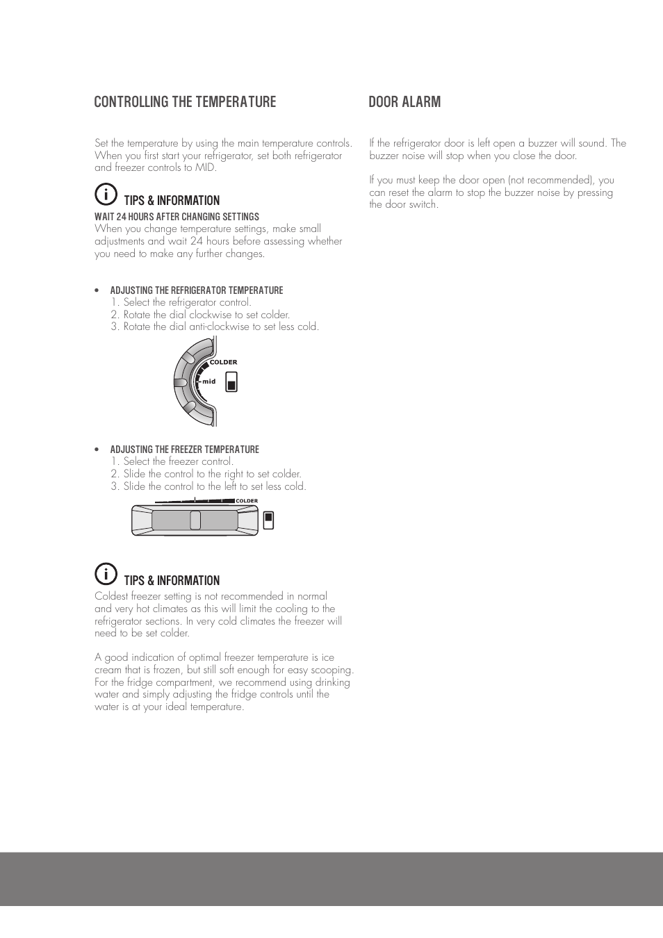 Controlling the temperature, Door alarm | Westinghouse WTB2300PA User Manual | Page 6 / 12