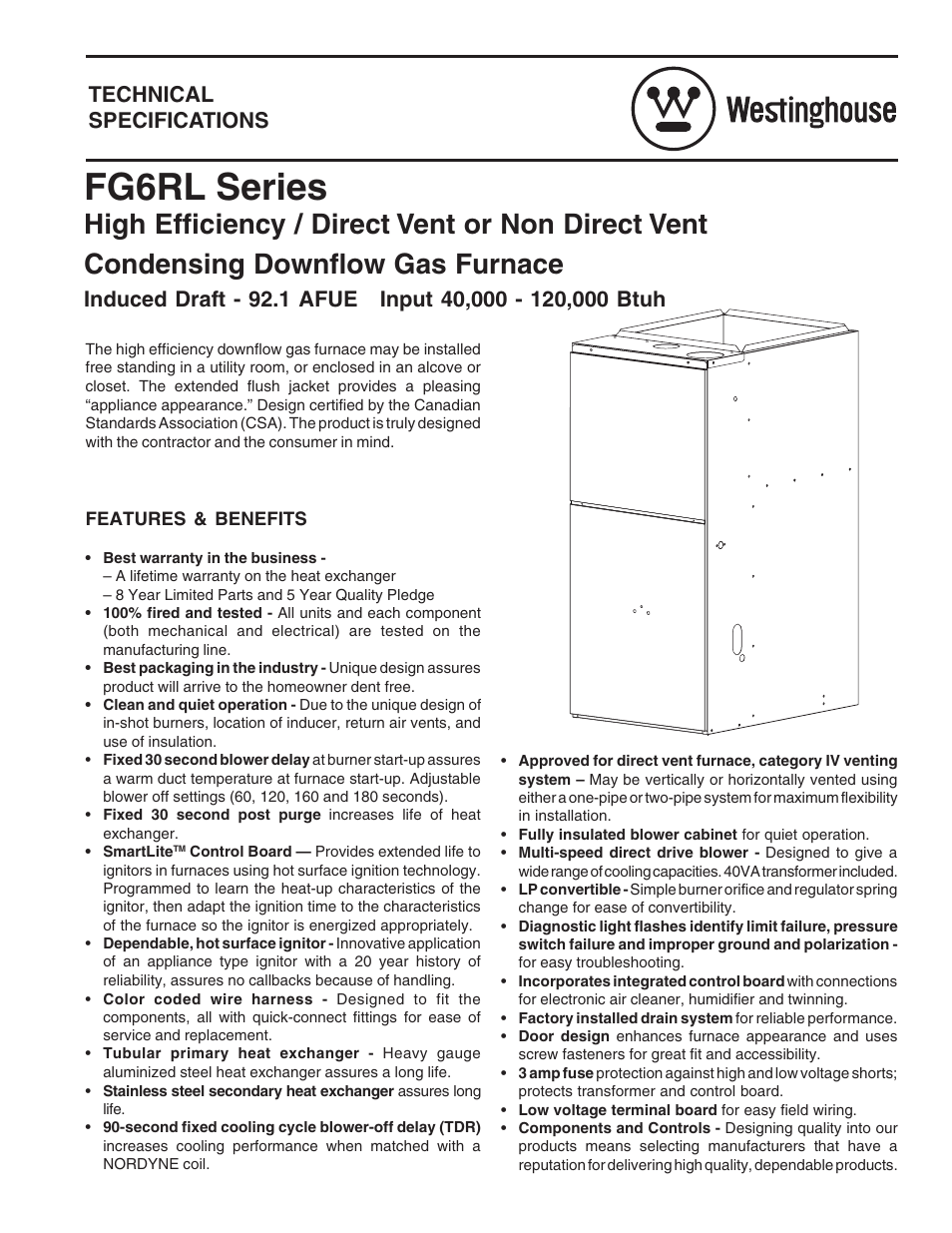 Westinghouse High Efficiency / Direct Vent or Non Direct Vent FG6RL User Manual | 4 pages