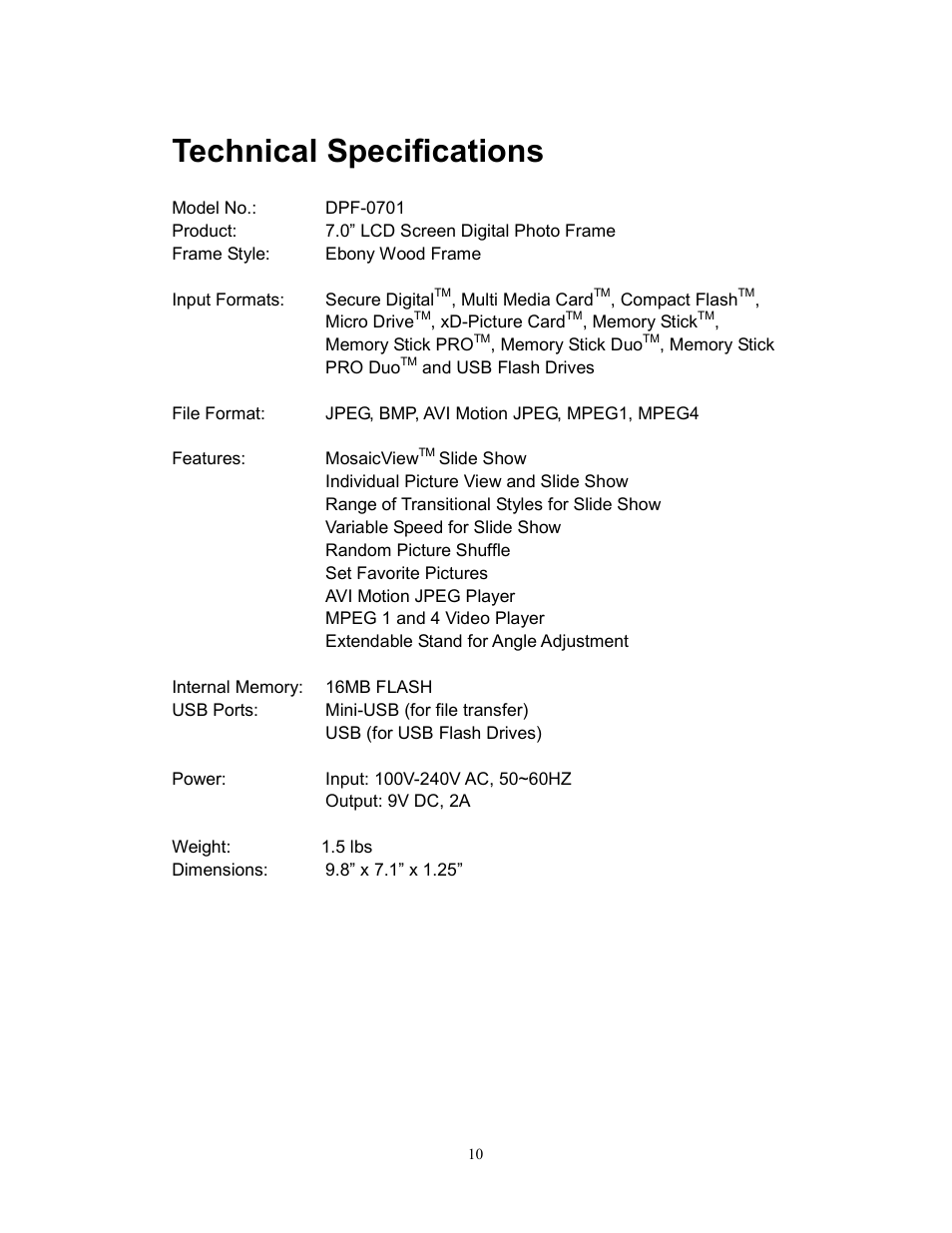 Technical specifications | Westinghouse DPF-0701 User Manual | Page 11 / 18