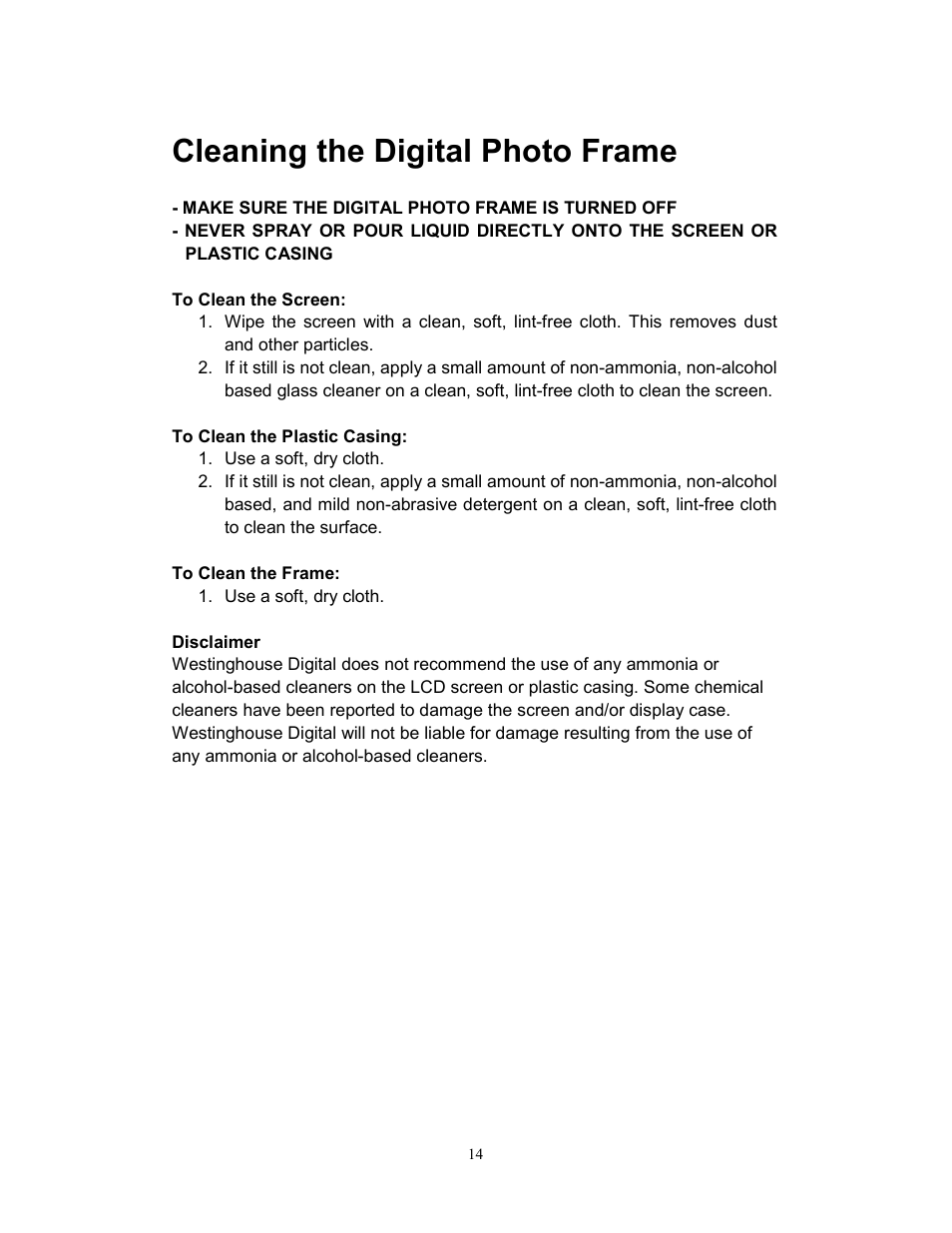 Cleaning the digital photo frame | Westinghouse DPF-0701 User Manual | Page 15 / 18