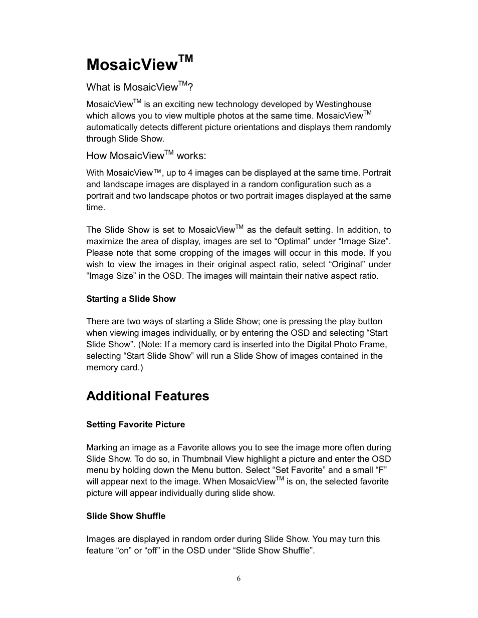 Mosaicview, Additional features | Westinghouse DPF-0701 User Manual | Page 7 / 18