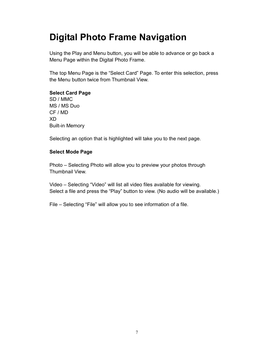 Digital photo frame navigation | Westinghouse DPF-0701 User Manual | Page 8 / 18