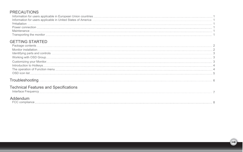 Precautions, Getting started, Troubleshooting | Technical features and specifications, Addendum | Westinghouse L1920NW User Manual | Page 2 / 11