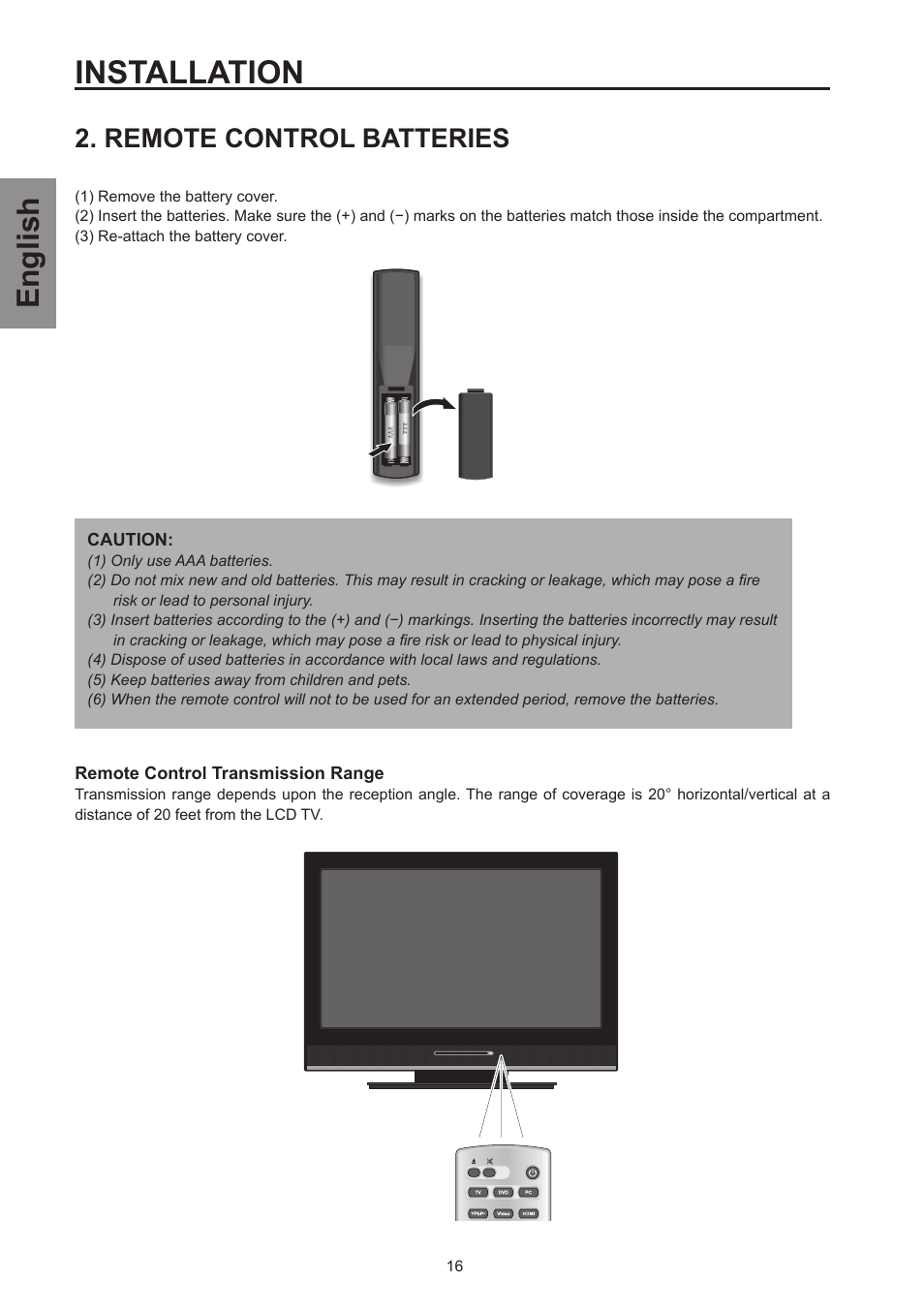 Remote control batteries, Installation, English | Westinghouse SK-26H570D User Manual | Page 18 / 67