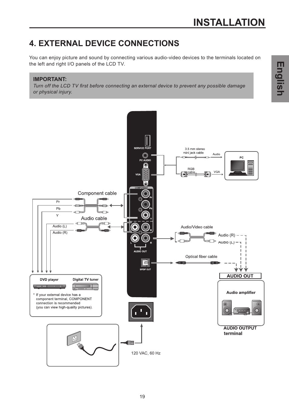 External device connections, Installation, English | Westinghouse SK-26H570D User Manual | Page 21 / 67