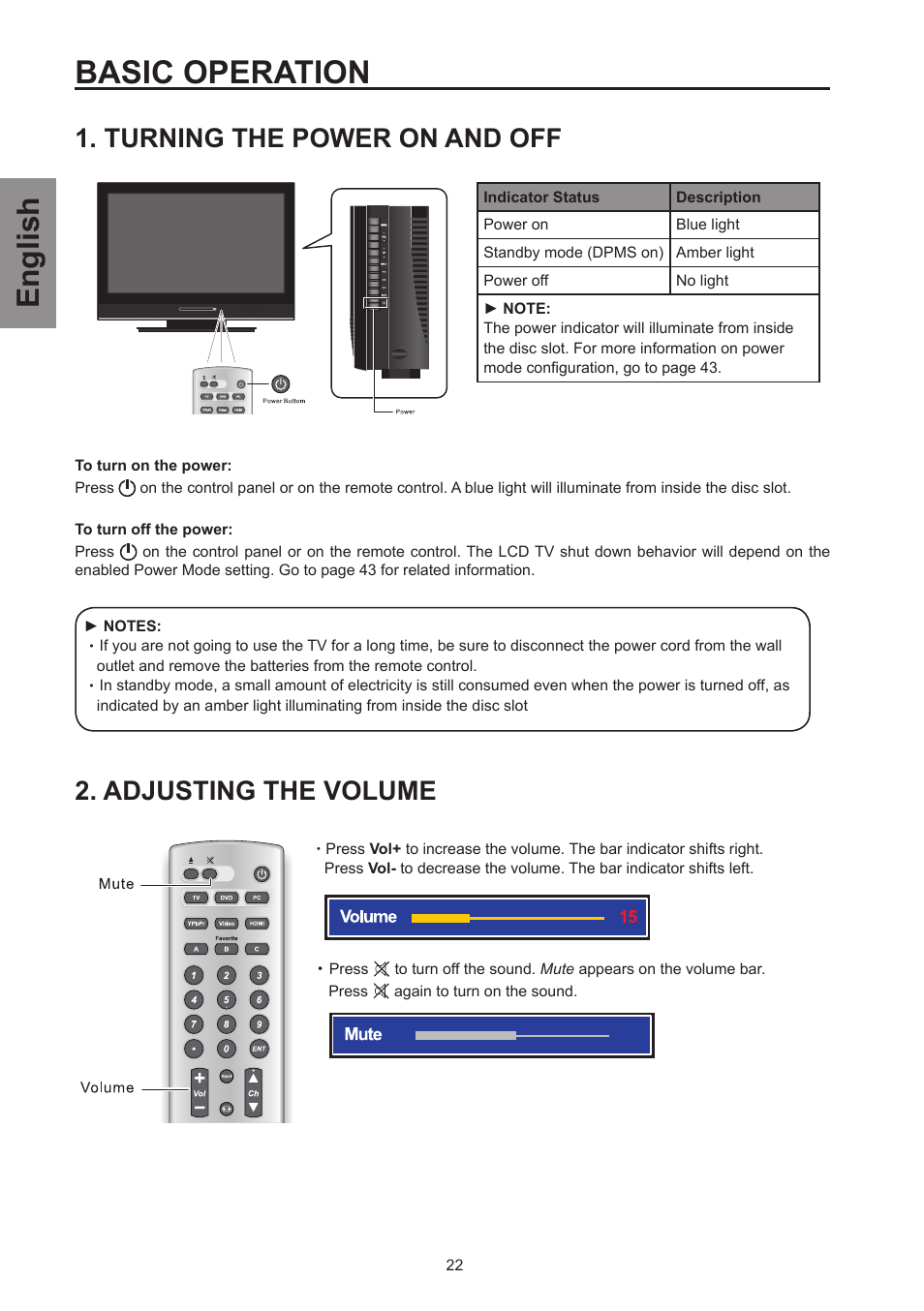 Basic operation, Turning the power on and off, Adjusting the volume | English | Westinghouse SK-26H570D User Manual | Page 24 / 67
