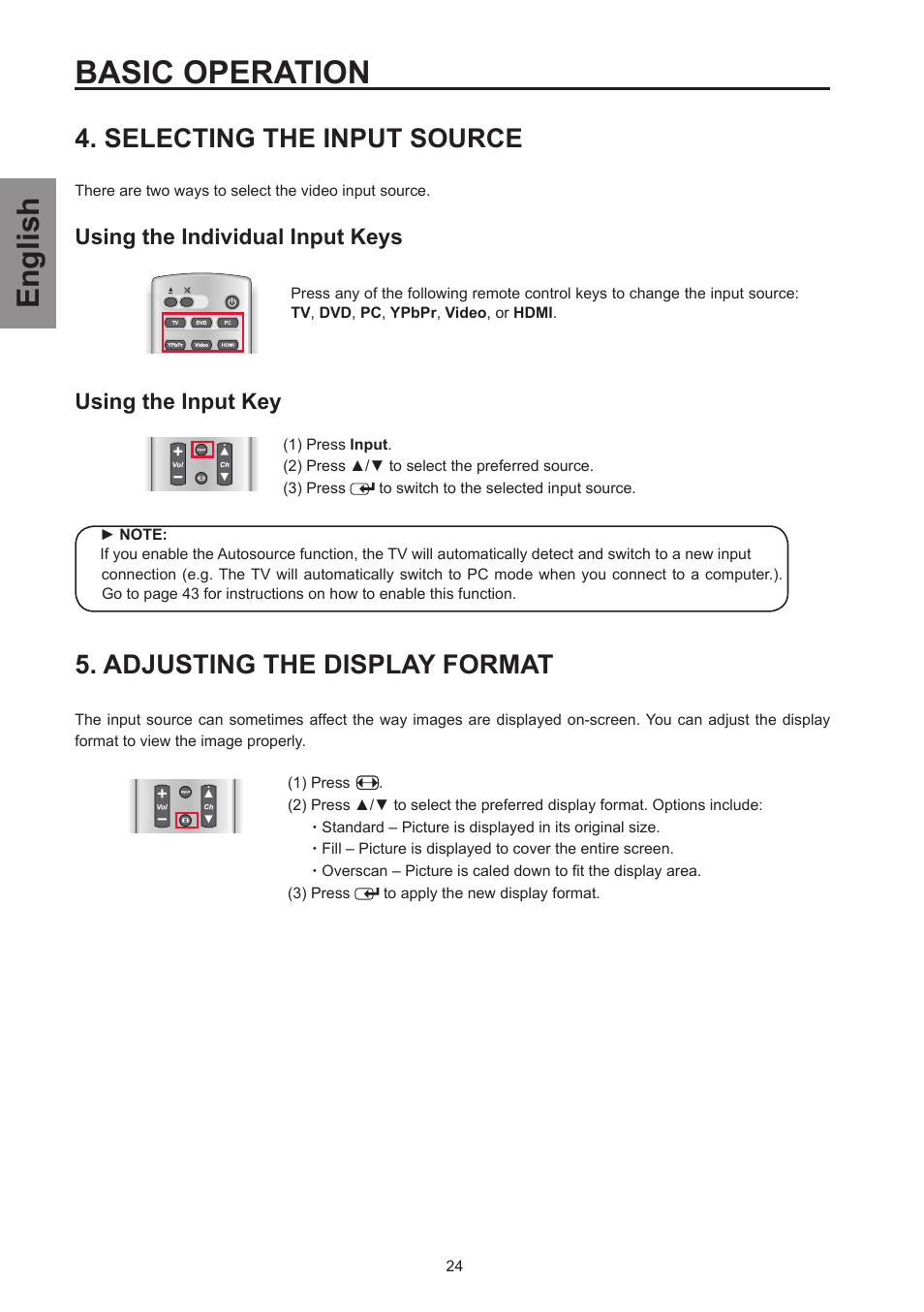 Selecting the input source, Adjusting the display format, Basic operation | English | Westinghouse SK-26H570D User Manual | Page 26 / 67