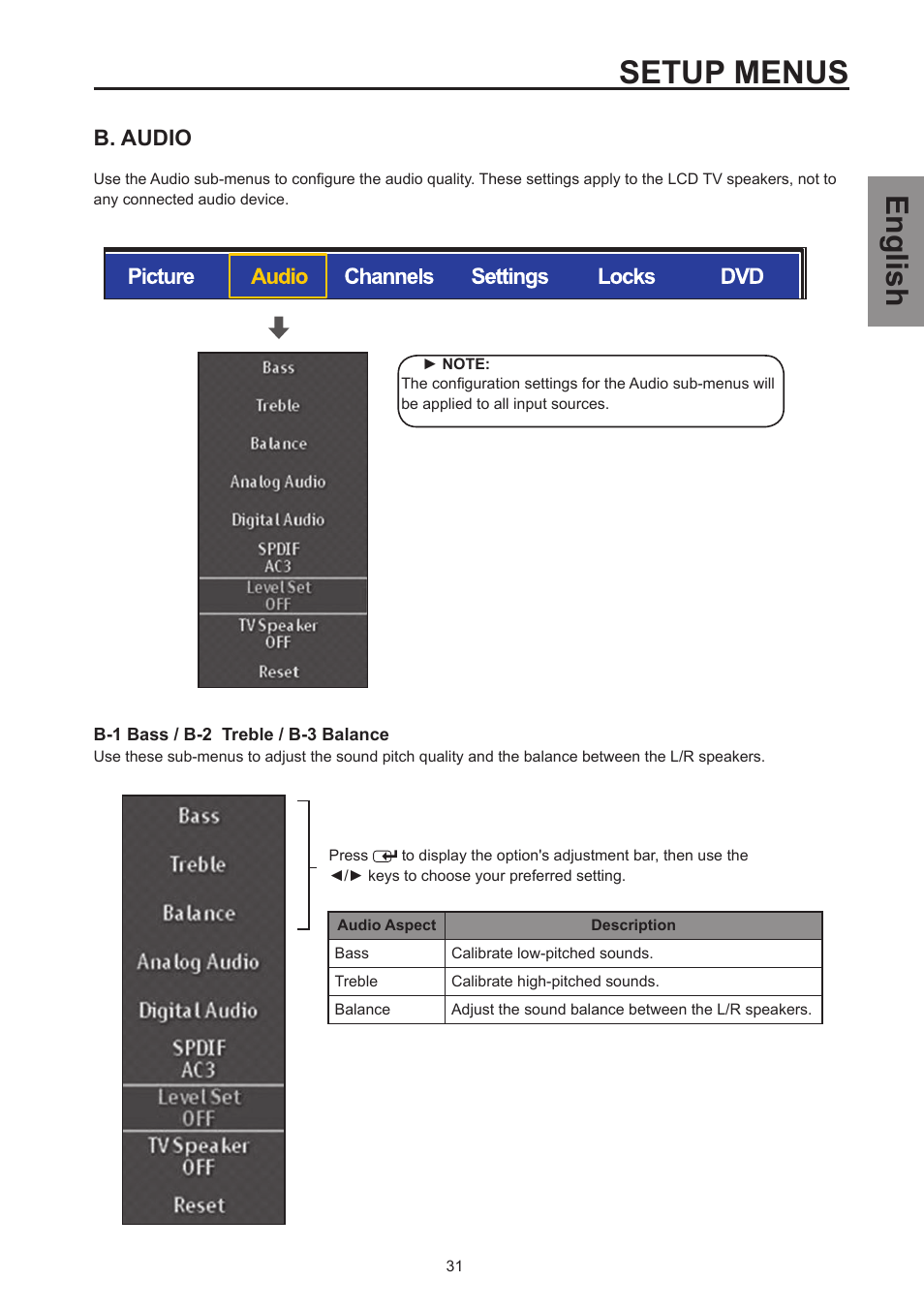 Setup menus, English, B. audio | Westinghouse SK-26H570D User Manual | Page 33 / 67