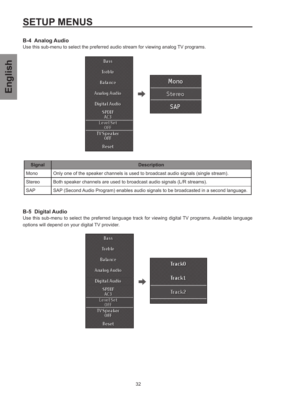 Setup menus, English | Westinghouse SK-26H570D User Manual | Page 34 / 67