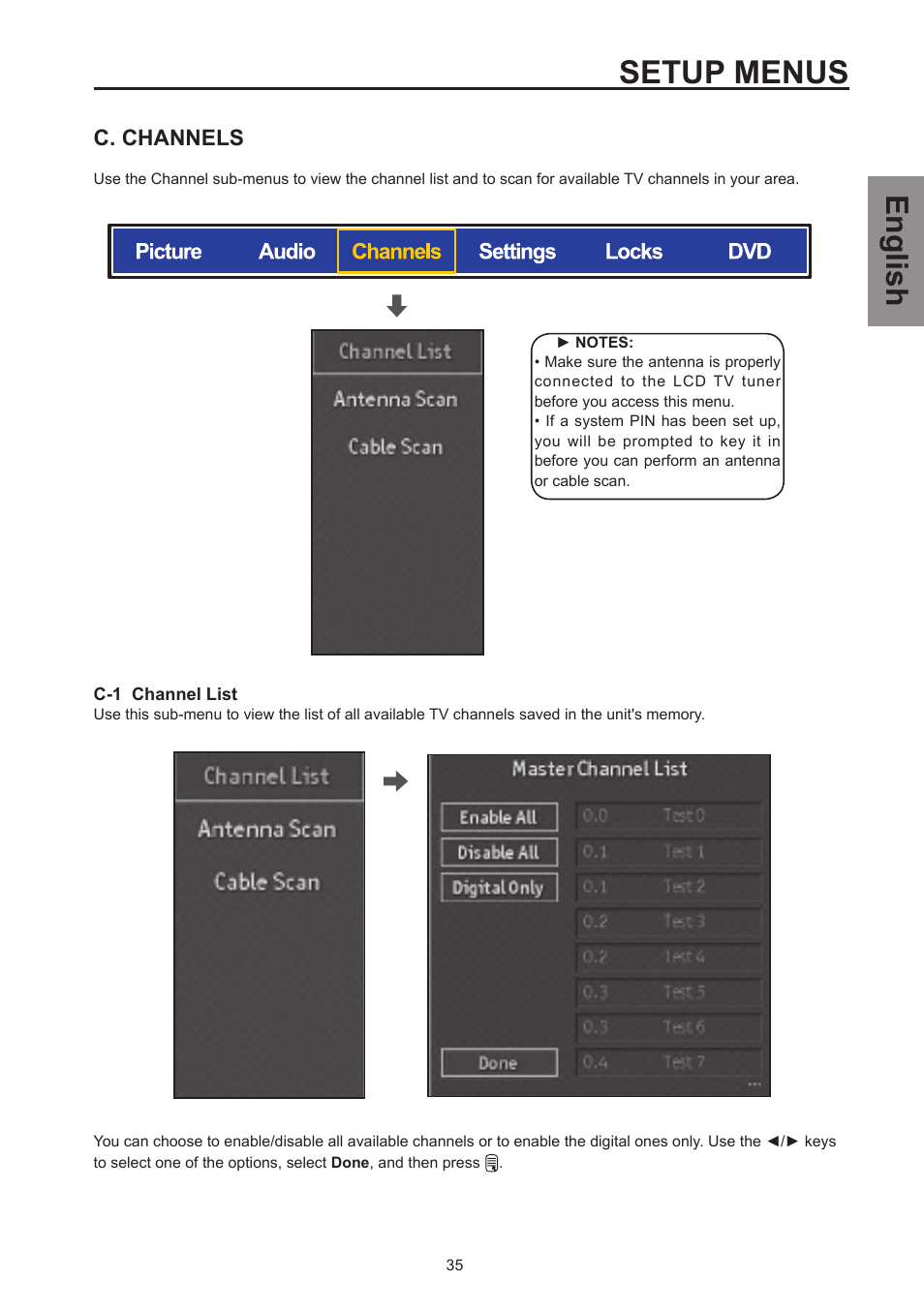 Setup menus, English, C. channels | Westinghouse SK-26H570D User Manual | Page 37 / 67