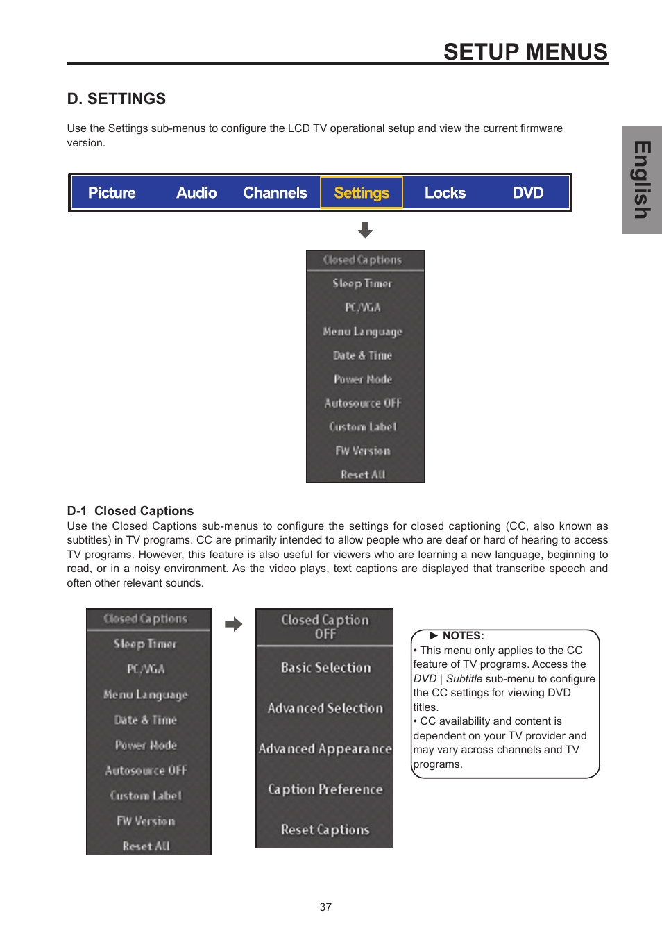 Setup menus, English, D. settings | Westinghouse SK-26H570D User Manual | Page 39 / 67