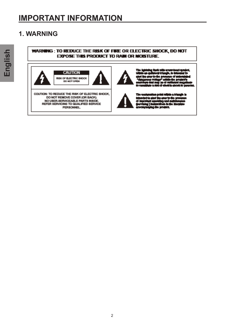 Important information, Warning, English | Westinghouse SK-26H570D User Manual | Page 4 / 67