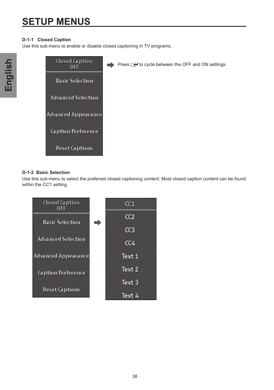 Setup menus, English | Westinghouse SK-26H570D User Manual | Page 40 / 67