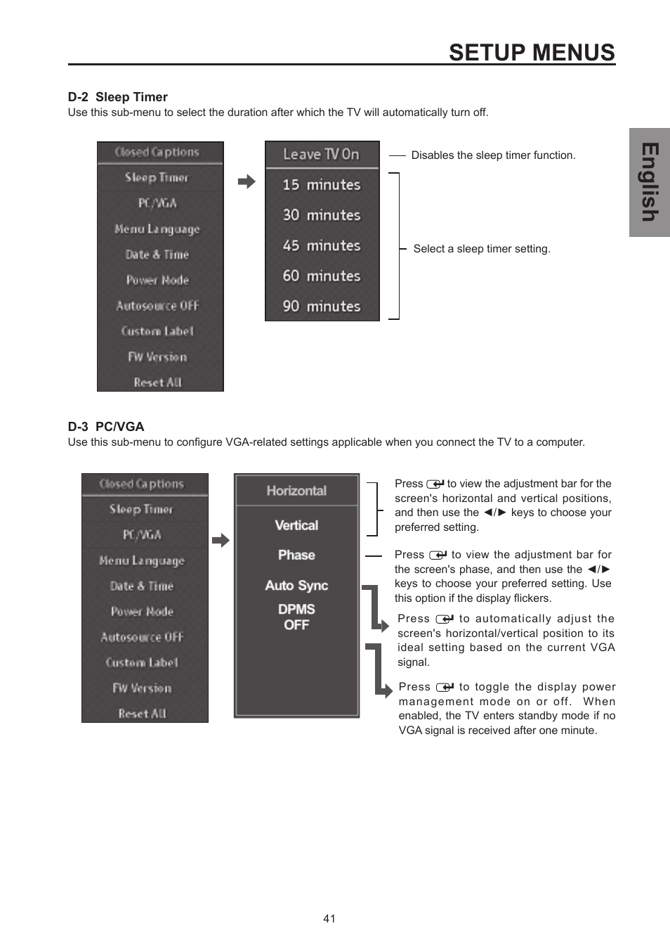 Setup menus, English | Westinghouse SK-26H570D User Manual | Page 43 / 67