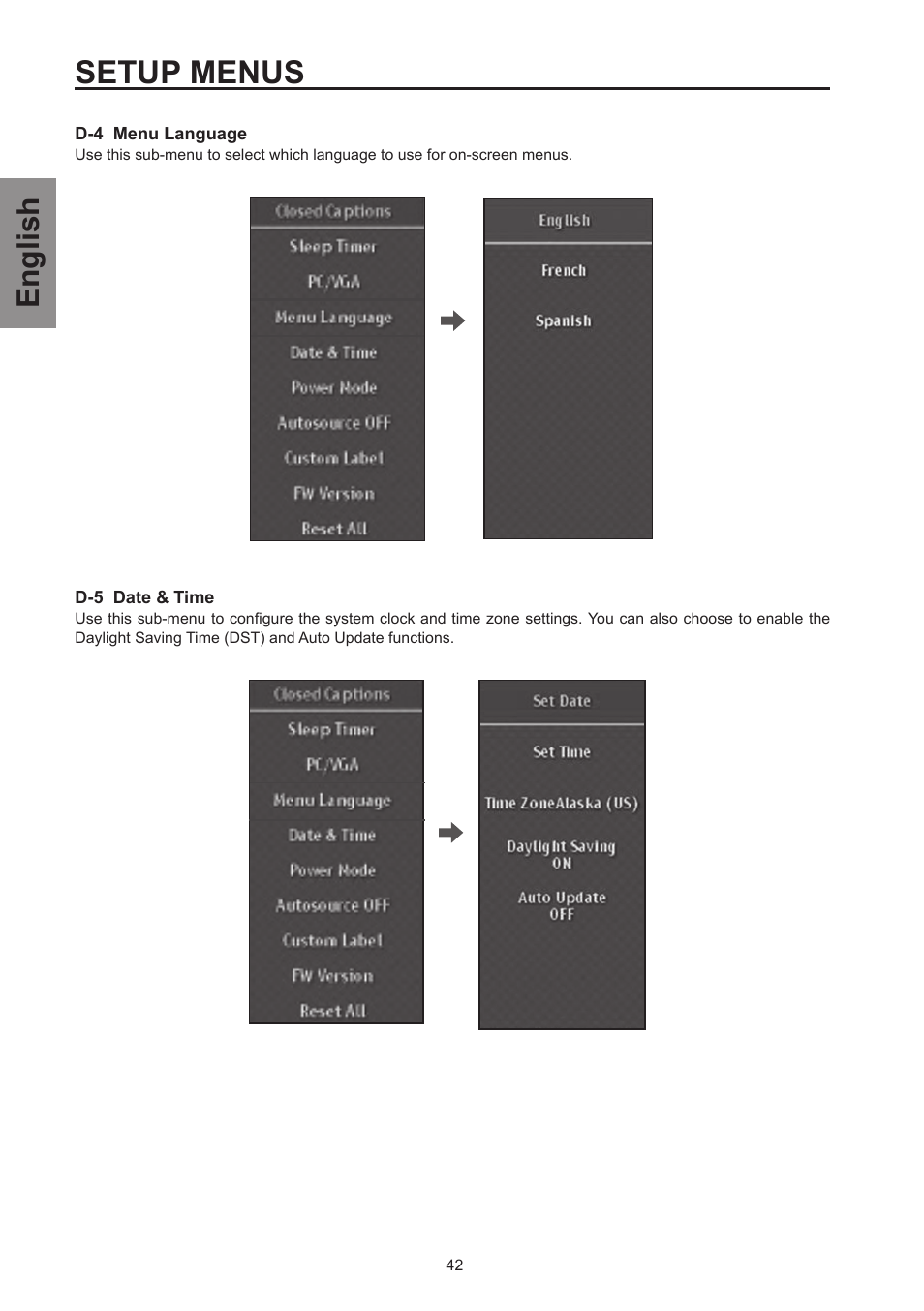 Setup menus, English | Westinghouse SK-26H570D User Manual | Page 44 / 67