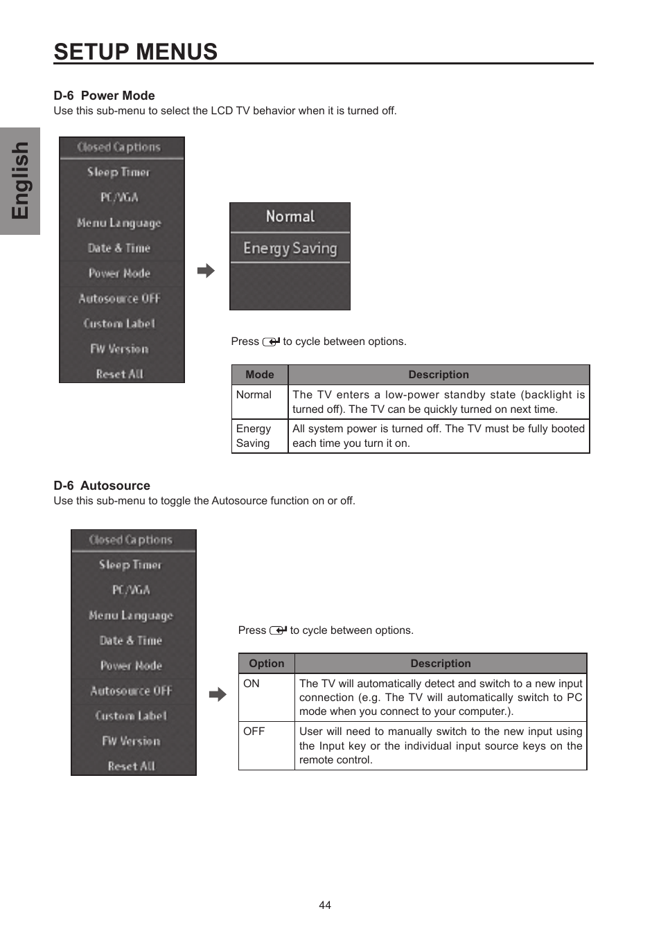 Setup menus, English | Westinghouse SK-26H570D User Manual | Page 46 / 67