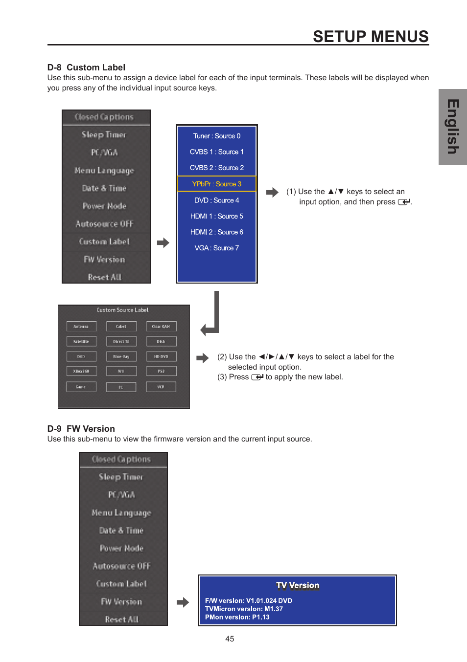 Setup menus, English | Westinghouse SK-26H570D User Manual | Page 47 / 67