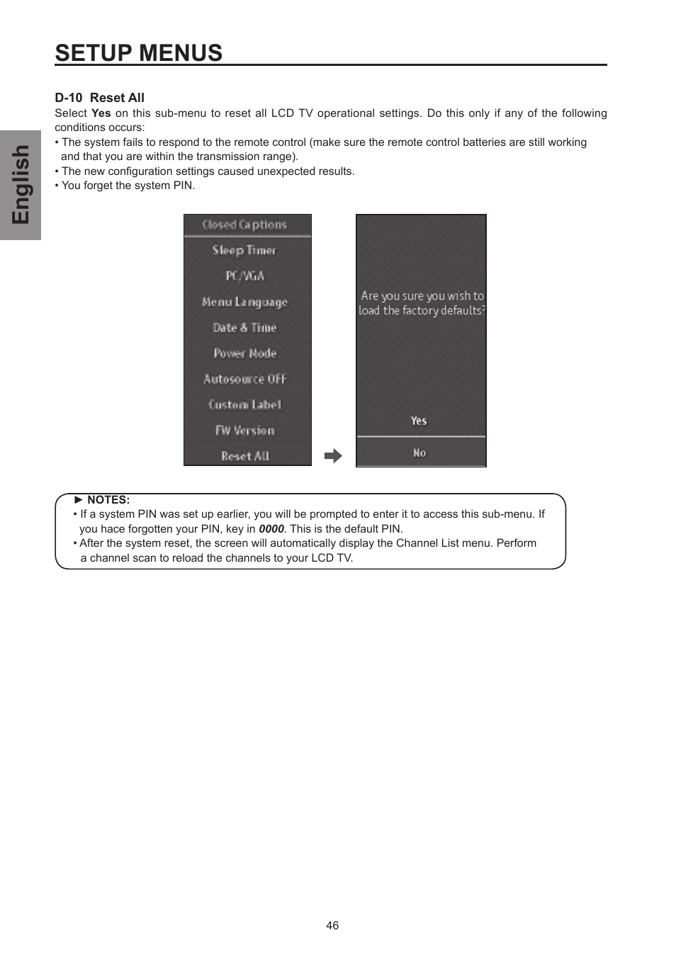 Setup menus, English | Westinghouse SK-26H570D User Manual | Page 48 / 67