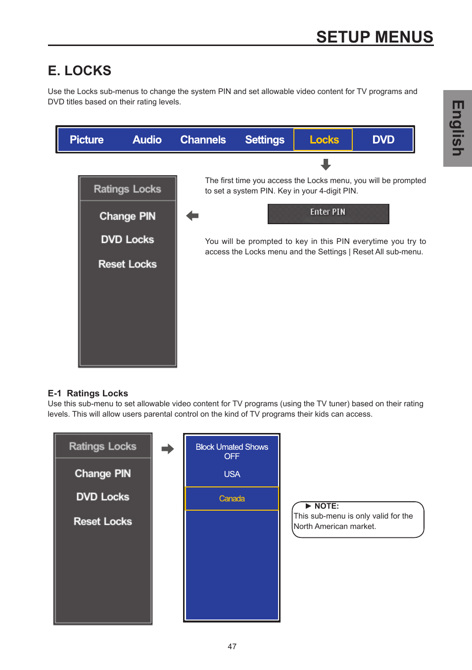 Setup menus, English, E. locks | Westinghouse SK-26H570D User Manual | Page 49 / 67