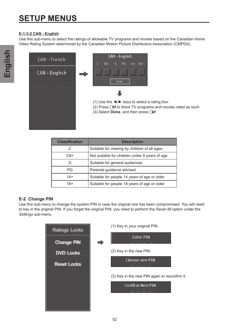 Setup menus, English | Westinghouse SK-26H570D User Manual | Page 54 / 67