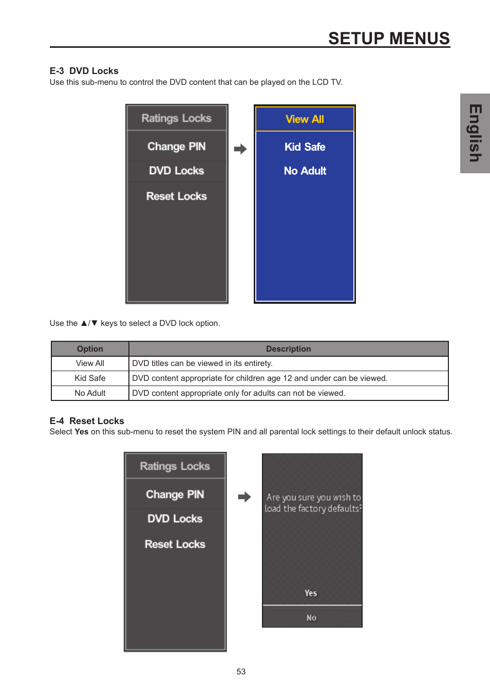 Setup menus, English | Westinghouse SK-26H570D User Manual | Page 55 / 67