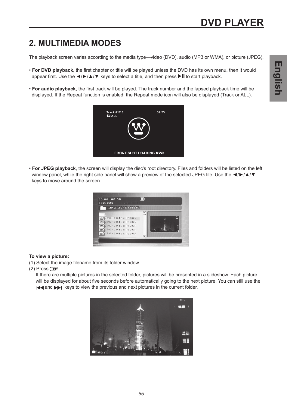 Multimedia modes, Dvd player, English | Westinghouse SK-26H570D User Manual | Page 57 / 67