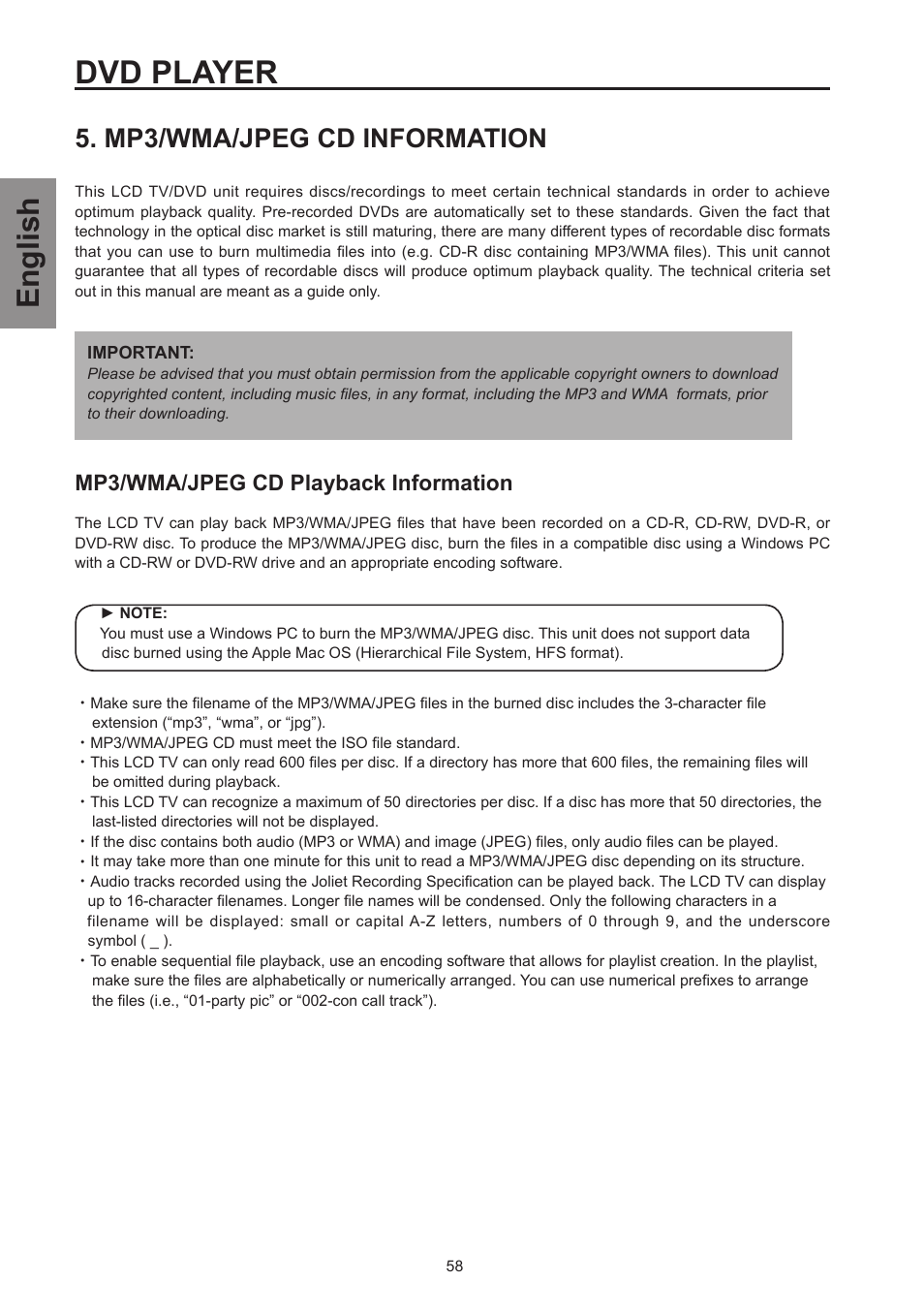 Mp3/wma/jpeg cd information, Dvd player, English | Mp3/wma/jpeg cd playback information | Westinghouse SK-26H570D User Manual | Page 60 / 67