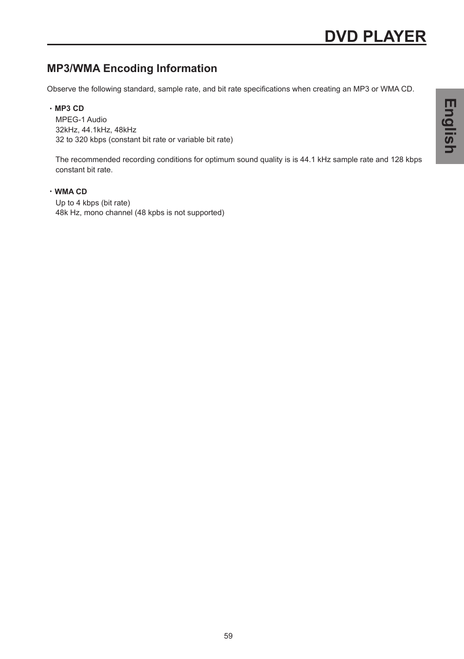 Dvd player, English, Mp3/wma encoding information | Westinghouse SK-26H570D User Manual | Page 61 / 67