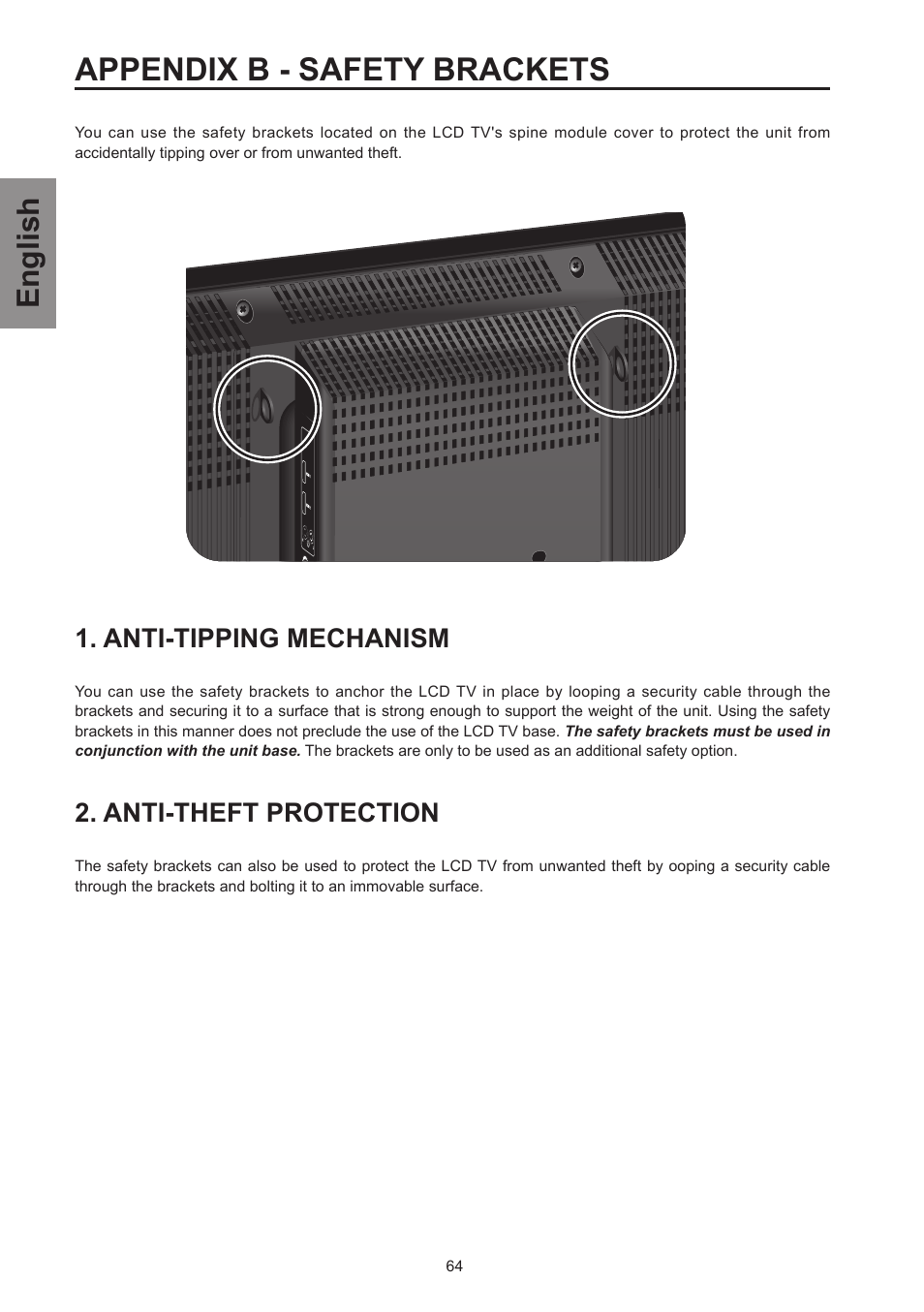 Appendix b - safety brackets, Anti-tipping mechanism, Anti-theft protection | English | Westinghouse SK-26H570D User Manual | Page 66 / 67