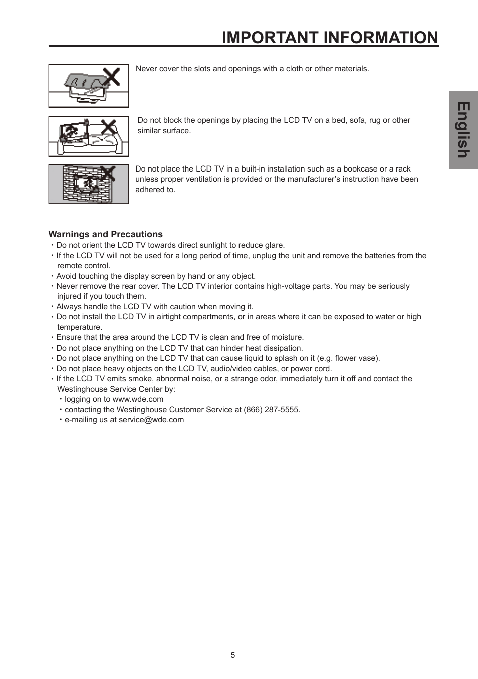 Important information, English | Westinghouse SK-26H570D User Manual | Page 7 / 67