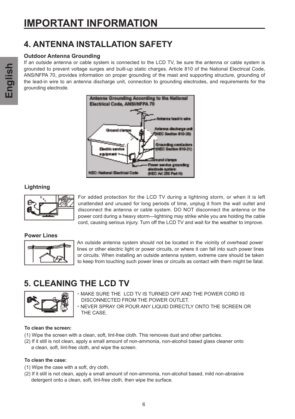 Antenna installation safety, Cleaning the lcd tv, Important information | English, Cleaning the lcd tv 4. antenna installation safety | Westinghouse SK-26H570D User Manual | Page 8 / 67