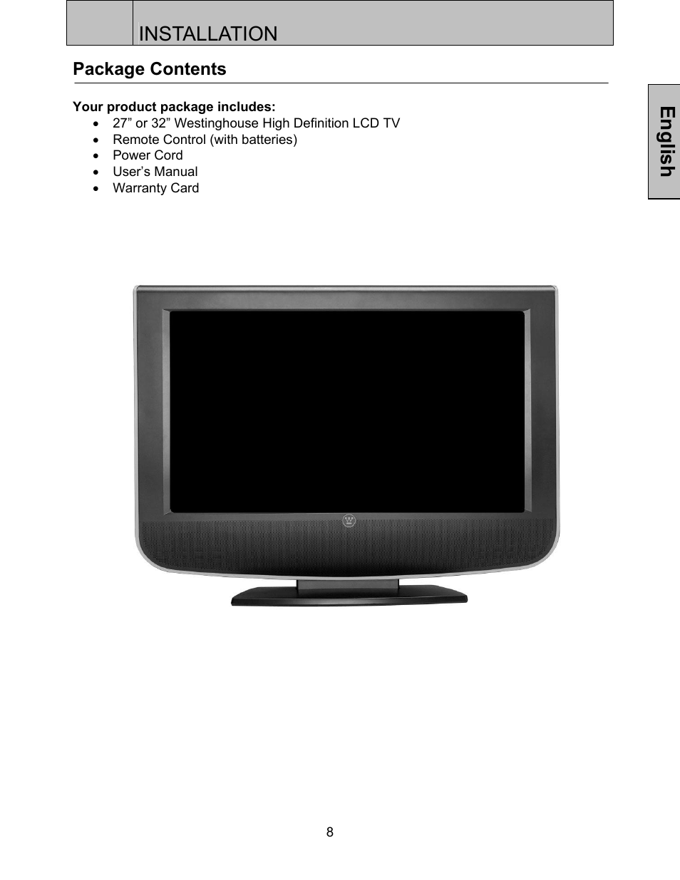 Installation, English, Package contents | Westinghouse LTV-32w3 User Manual | Page 10 / 38